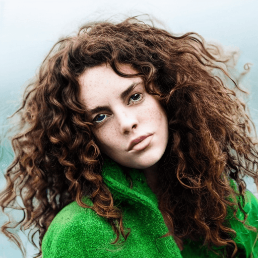 AI generated: Portrait photo of an open and proud looking, beautiful model-like Galician woman with long curly bro...