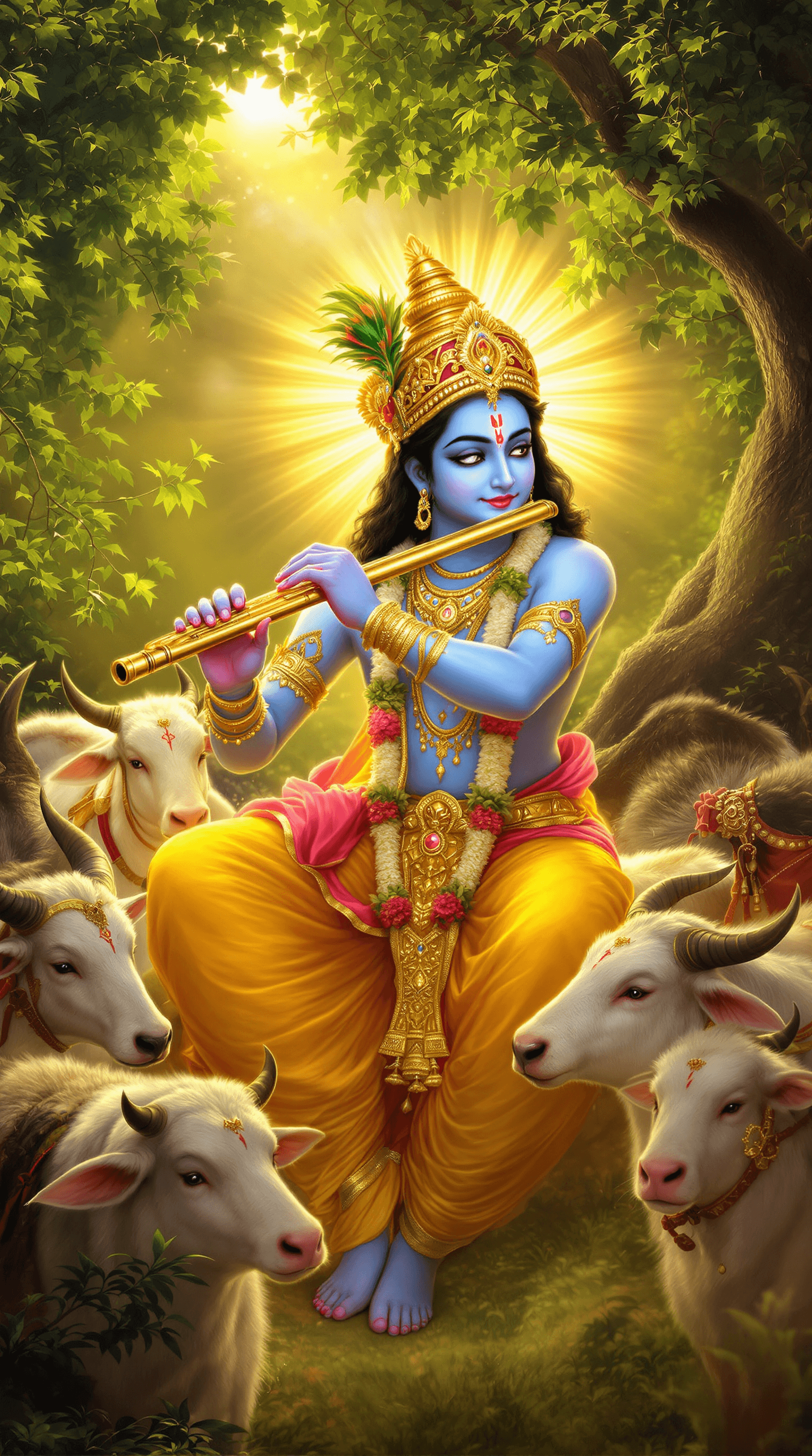 AI generated: A serene Lord Krishna with glowing blue skin plays a golden flute, surrounded by lush greenery and a...