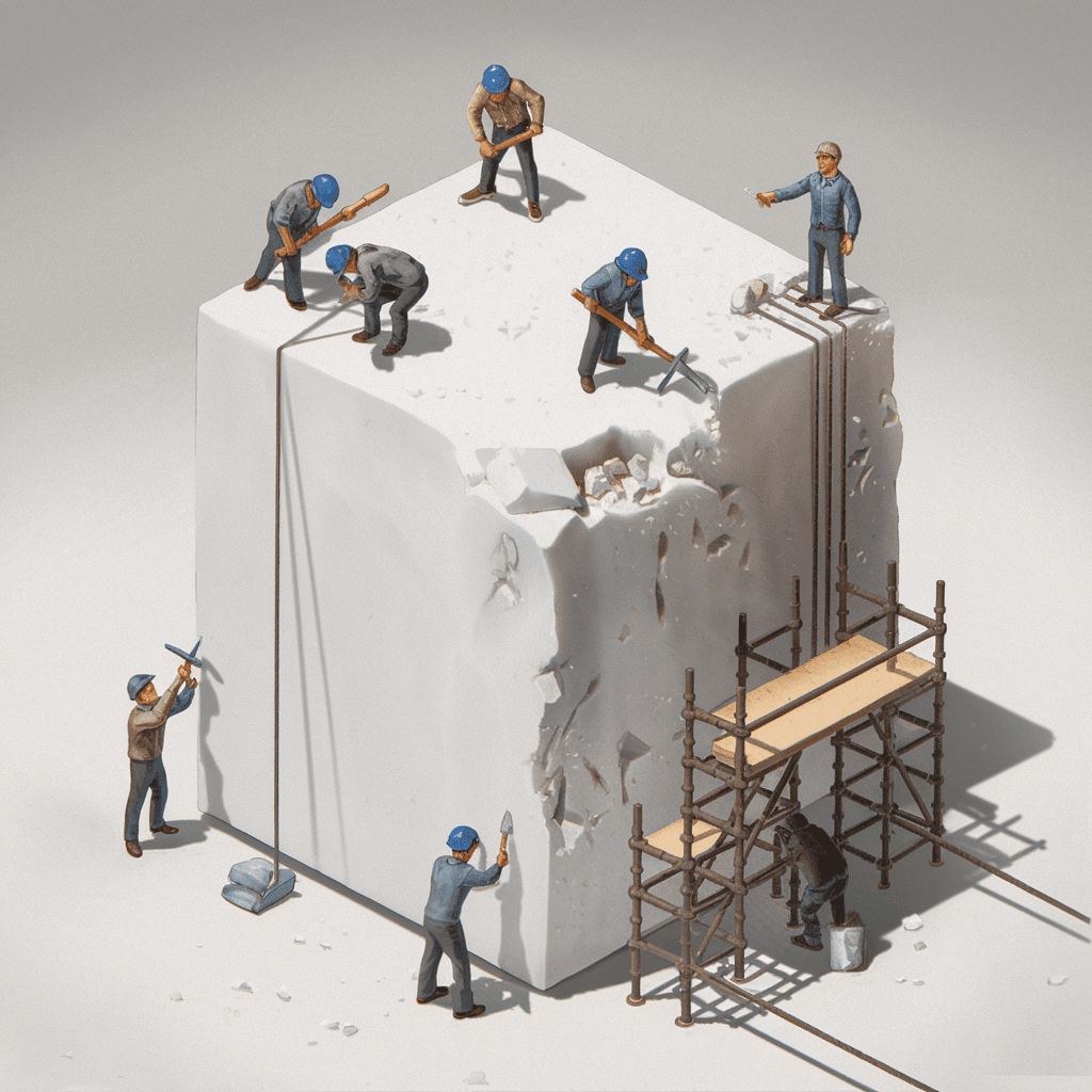 AI generated: A squared white eraser in an isometric environment, resembling a massive rock formation. Tiny micro ...
