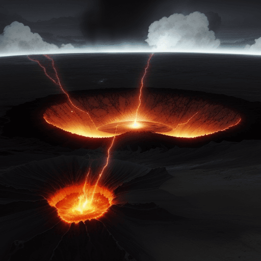 AI generated: anime picture of the Darvaza gas crater, with fires raging inside. looking dark, gloomy