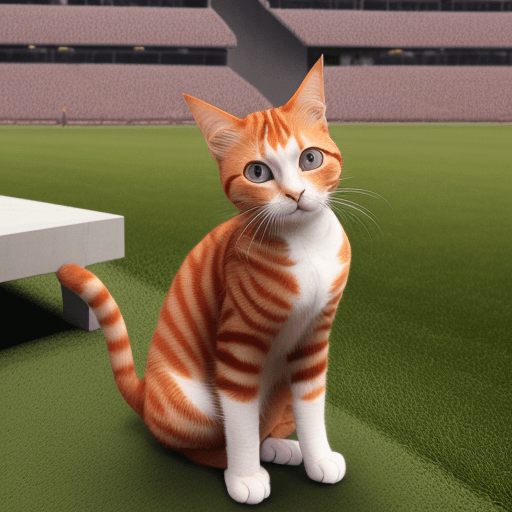 AI generated: A sad ginger short-haired cat in stands like a human and beats out a rug in the yard of a high-rise ...
