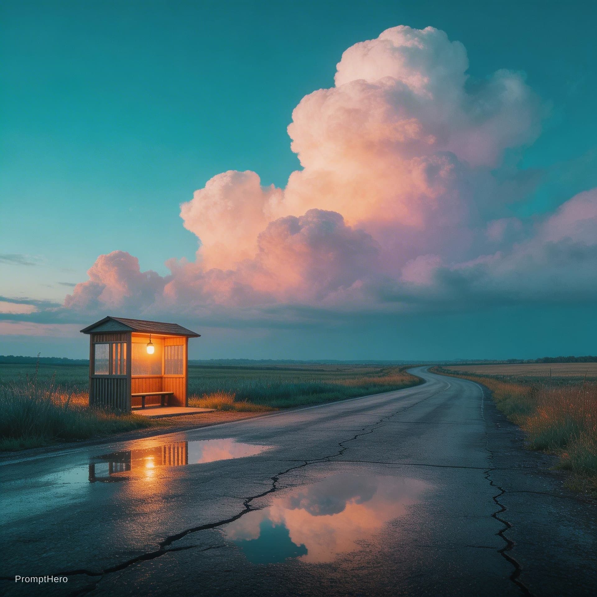 AI generated: illustration art, nostalgic, wide low-angle, small retro roadside busstop, warm orange and teal colo...