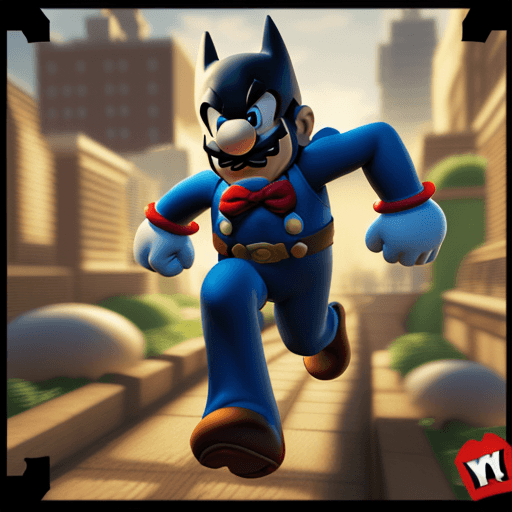 AI generated: Super-Mario running ,but a super hero version of batman Mushroom Kingdom background, 32k, closeup, t...