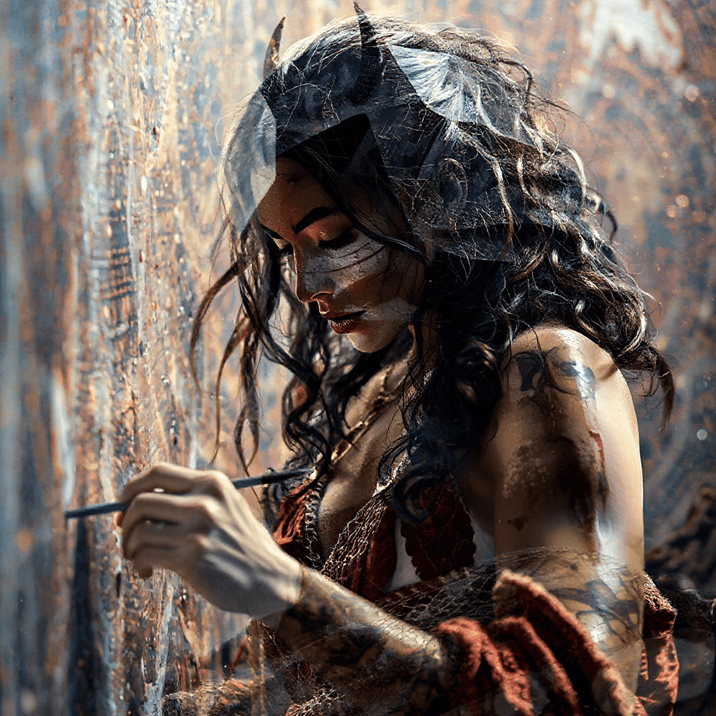 AI generated: A beautiful, strong, and powerful woman weaving an intricate pattern of artwork on a canvas with eac...