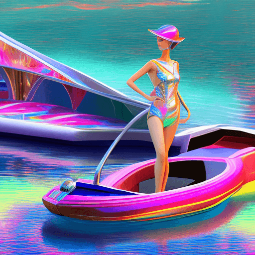 AI generated: commercial photo of a stunning woman standing in water near a boat, in the style of colorful futuris...