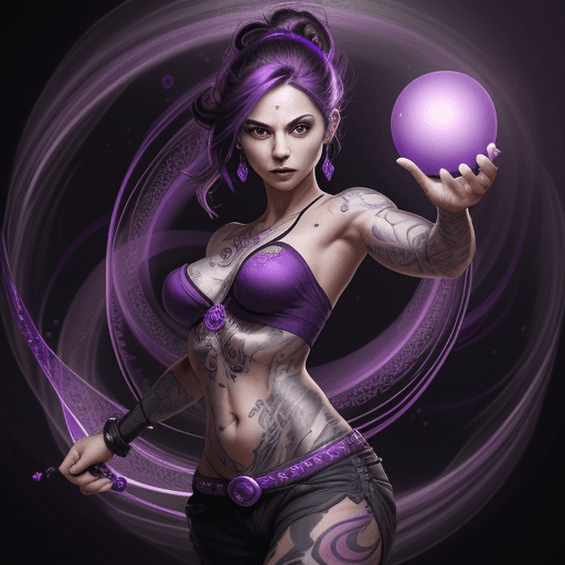 AI generated: The image portrays a female character with a tattooed arm, holding a purple orb, set against a purpl...