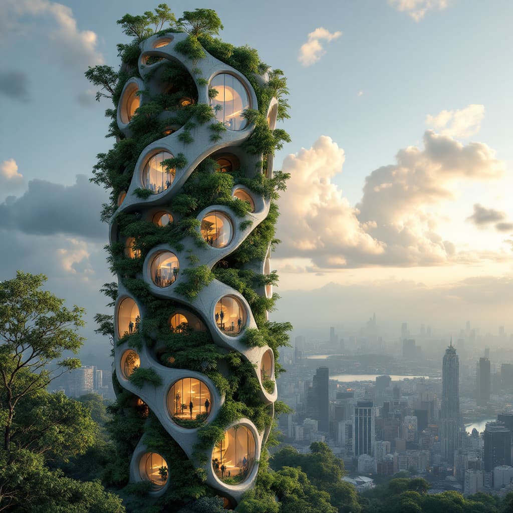 AI generated: Um arranha-céu hiper-realista de 80 andares que mistura arquitetura orgânica e design futurista, cob...