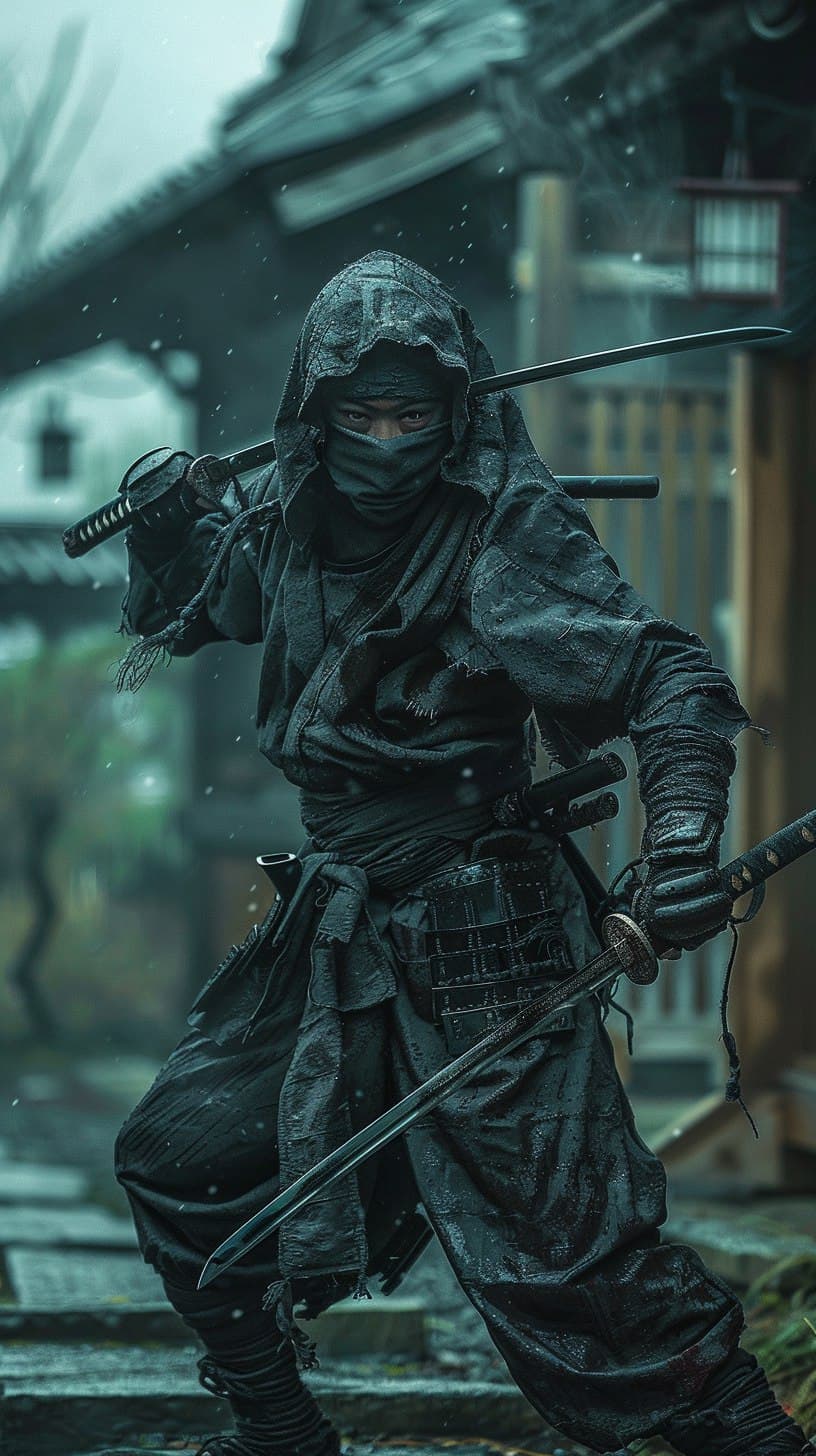 AI generated: the Ninja, Performing some kind of action, horror ,The setting is in the decayed Edo period of Japan...