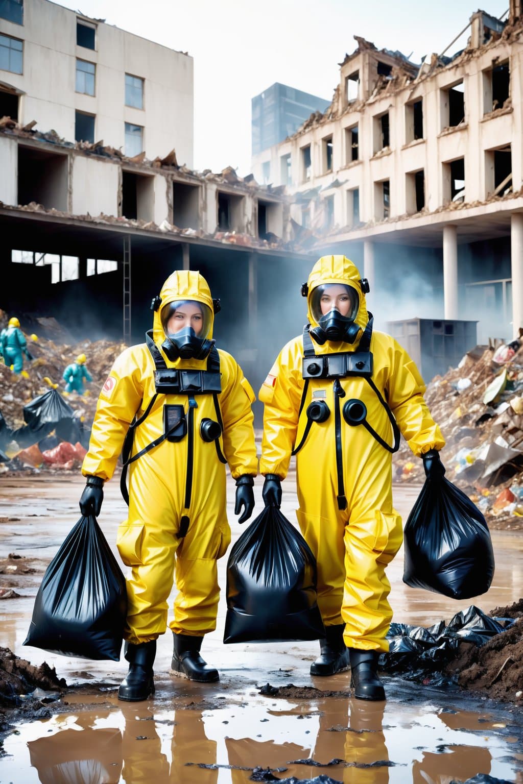 AI generated: (People in chemical suits:1.3), (remove garbage into large black bags:1.3), (radioactive puddles and...
