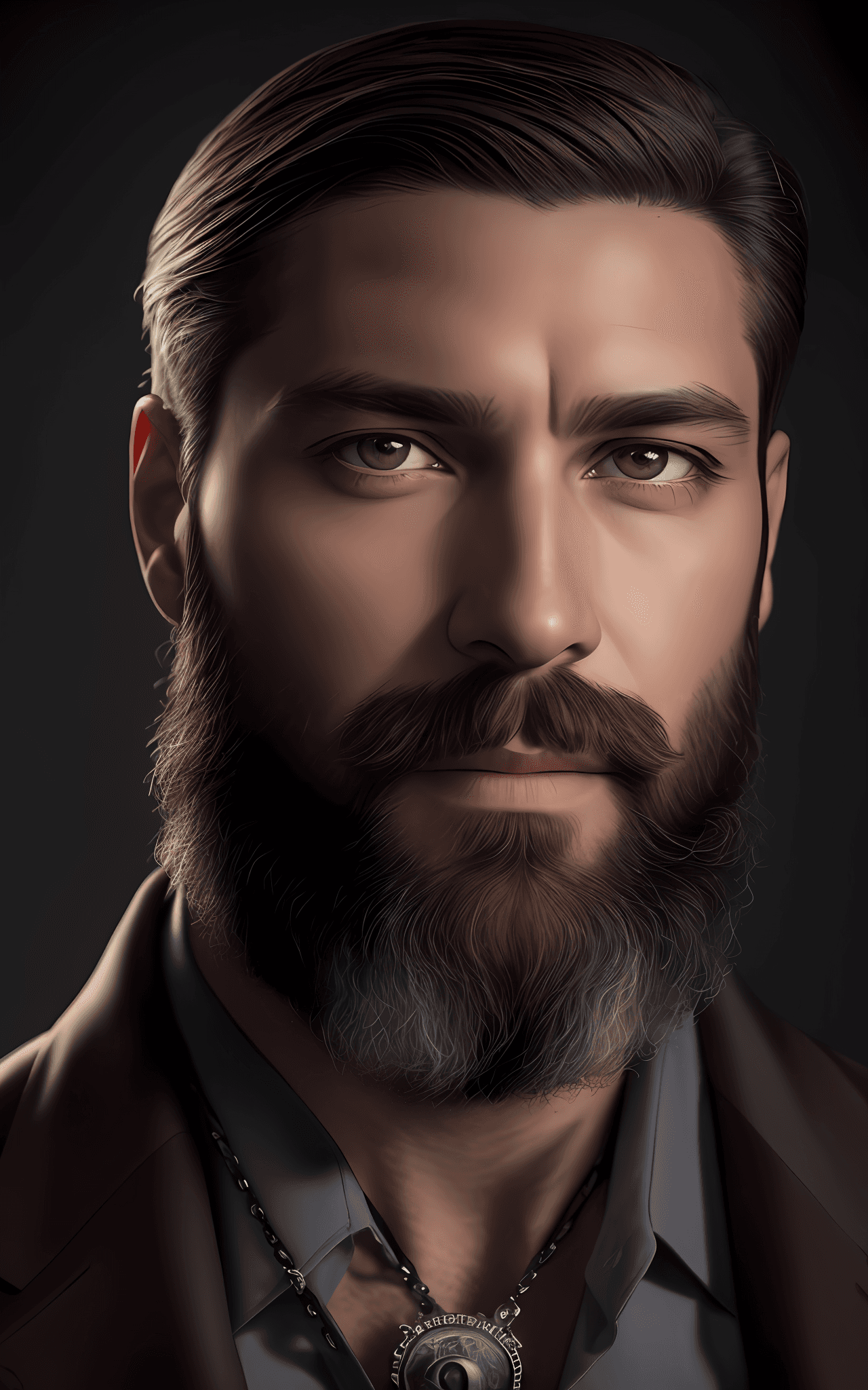 AI generated: A close up of a man with a beard and a badge around his neck, a digital rendering by Max Dauthendey,...