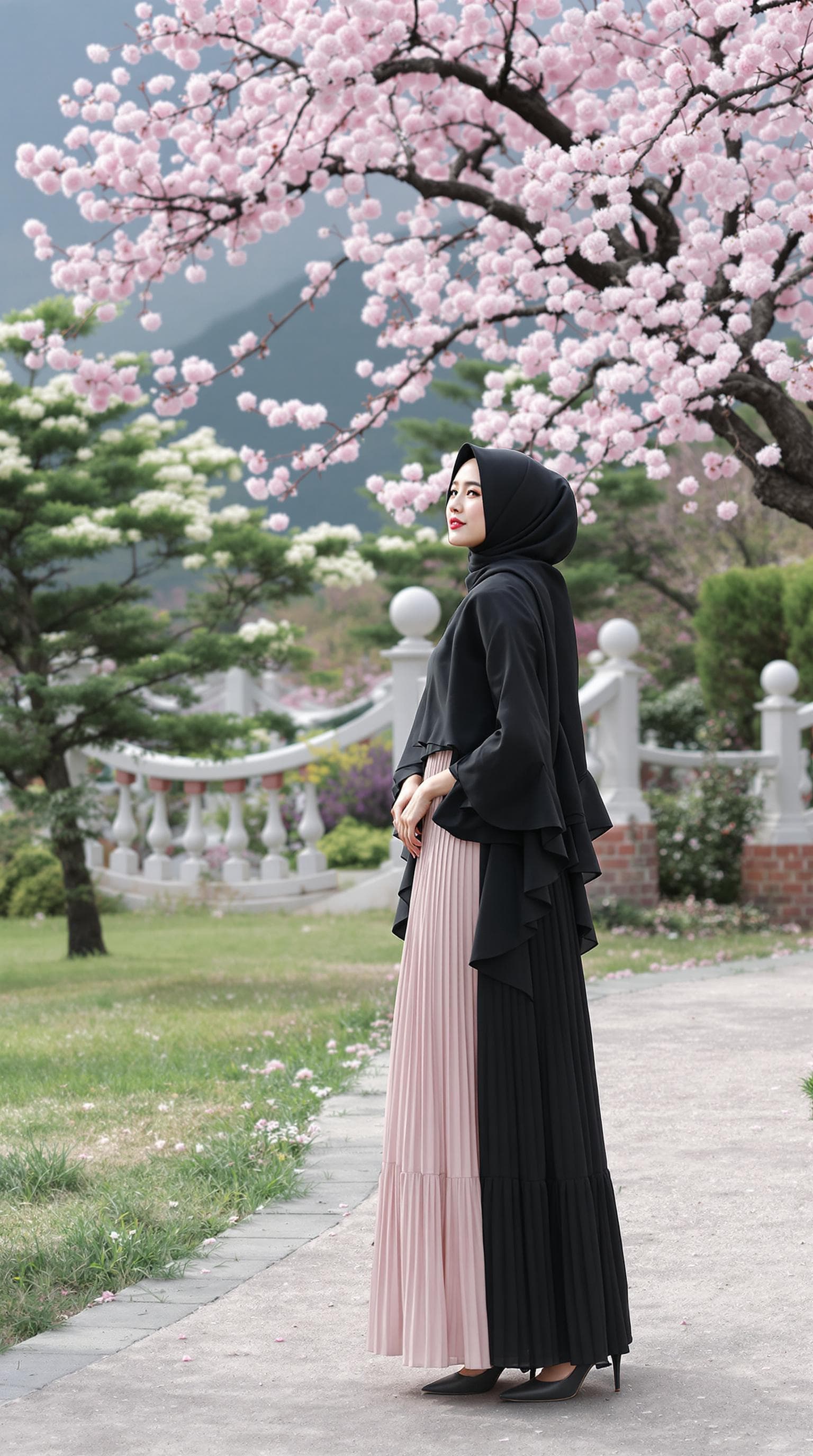 AI generated: a girl, Korean woman, korean ulzzang face, in a dress clothes, wear a black hijab and beautiful long...