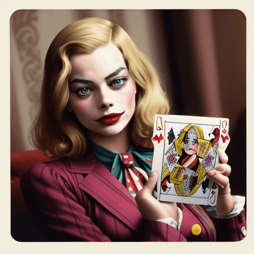 AI generated: A vintage color photo of Margot robbie in JoKer holding up an Ace playing card, 35mm photography in ...