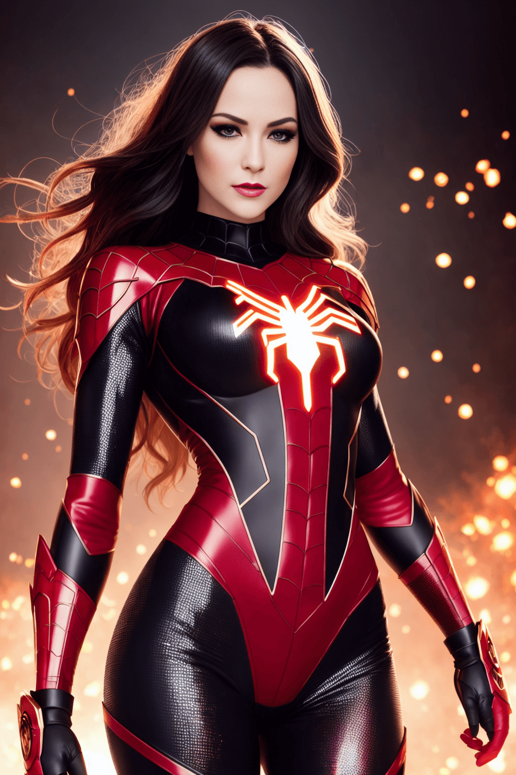 AI generated: nsfw, a digital painting of spiderwoman, wearing a risky tight fit superhero outfit with red and bla...
