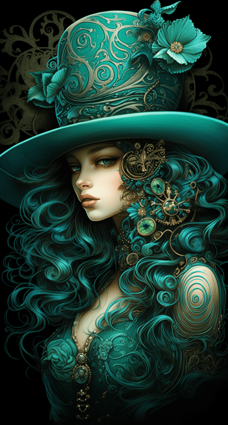AI generated: The girl in the hat is wearing green, in the style of dark turquoise and light bronze, extremely det...