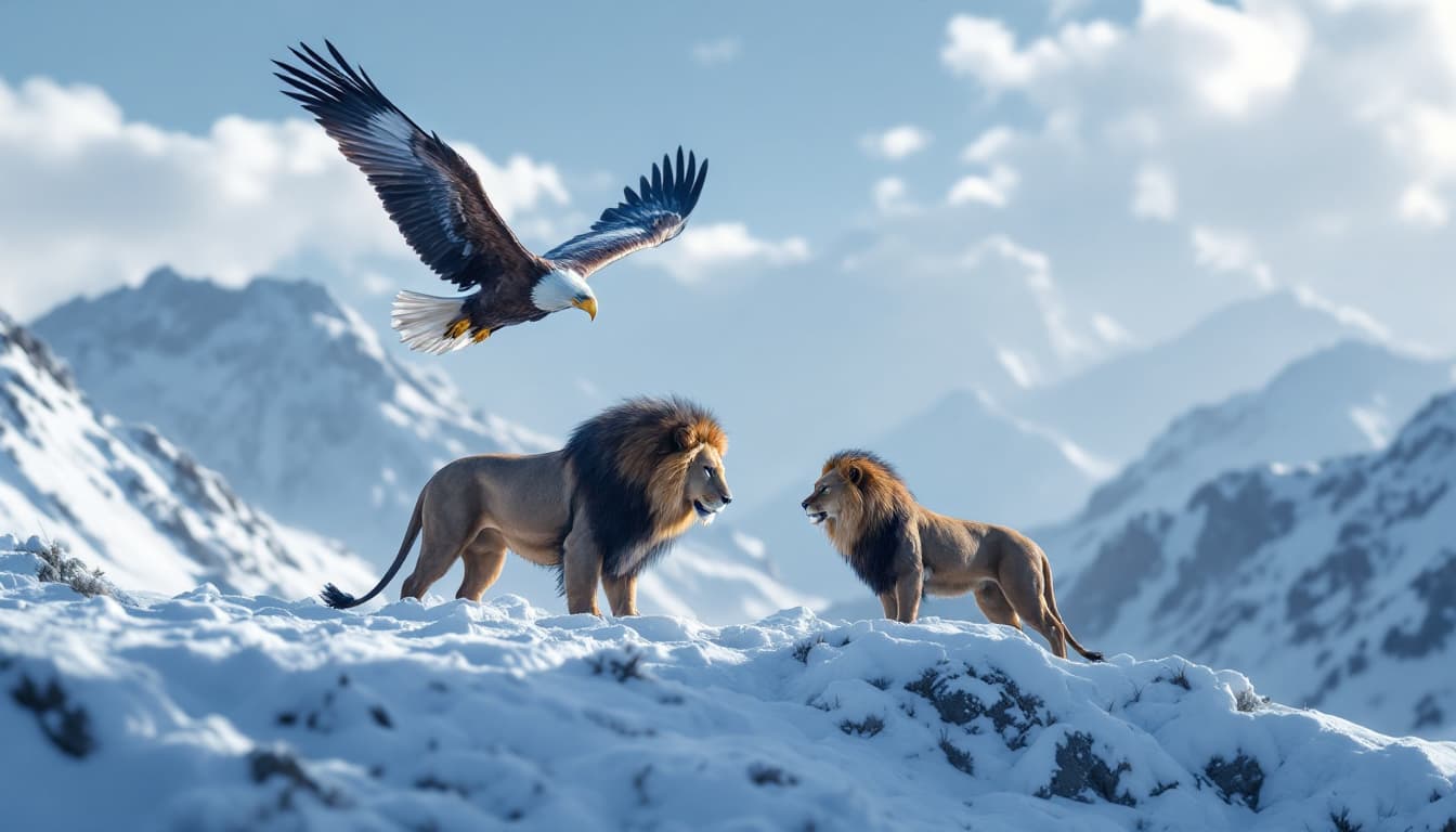 AI generated: eagle and lion in snow mountain