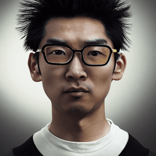 AI generated: Asian man, 35, yellow hockey cut hairstyle, spiky chin, wearing glasses, a large reflection of an iP...