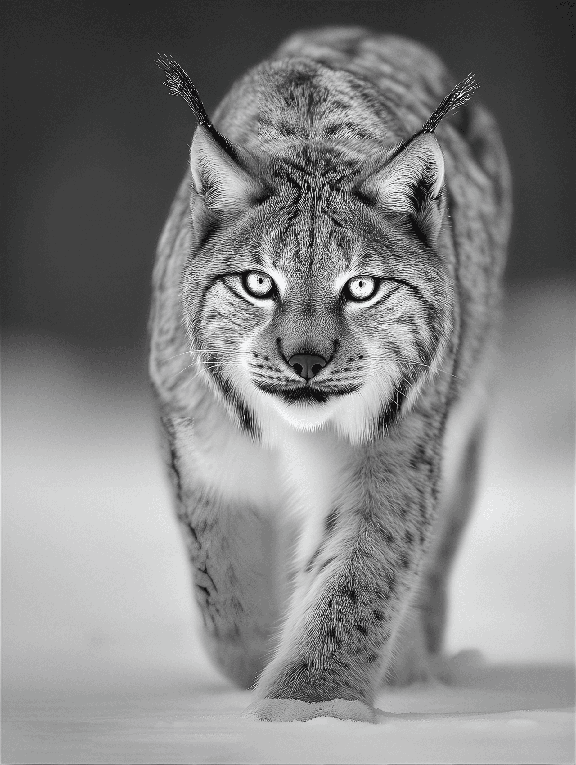 AI generated: in black and white, capturing the intense gaze of a lynx striding through the snow.
 Golden eyes pi...