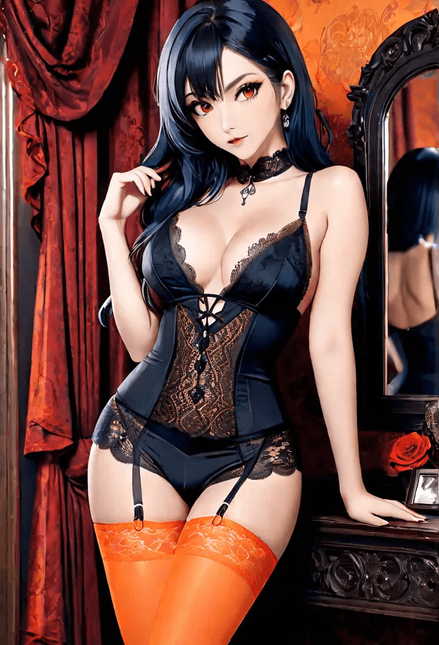 AI generated: 19 year old Latino beautiful charismatic girl,  an orange top, low cut panties, orange lace stocking...
