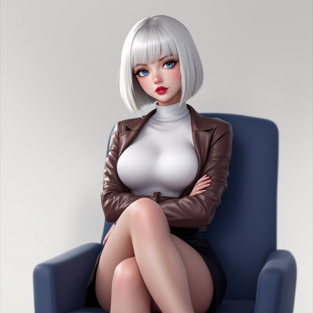 AI generated: anime, woman, white hair, bob cut, blue eyes, freckles, red lips, white turtle neck sweater, tight t...