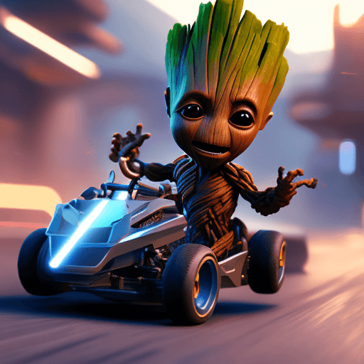 AI generated: dramatic highly detailed render of baby groot driving a go cart, futuristic marvel, by WLOP and Artg...