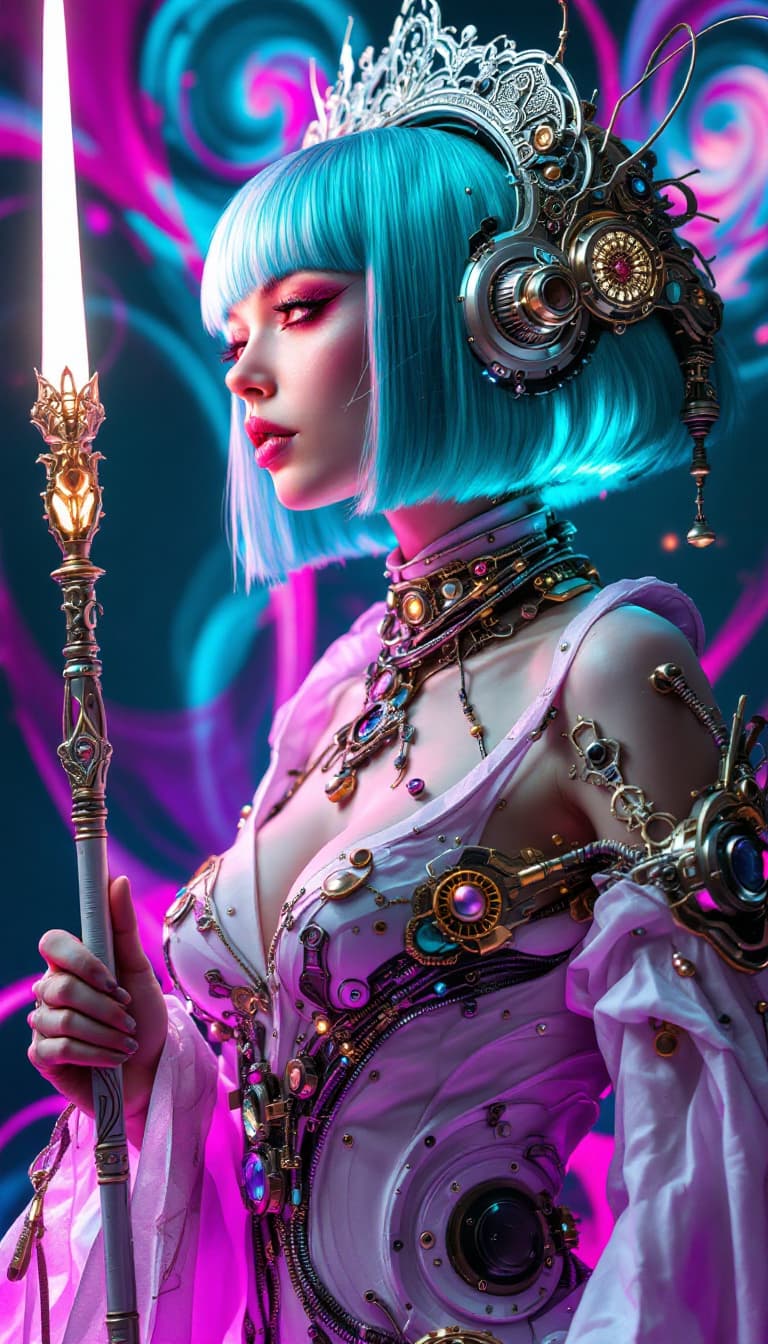 AI generated: "Techno-Shamaness in Electric Bloom": A figure with ornate, cybernetic features and a vibrant, cyan ...