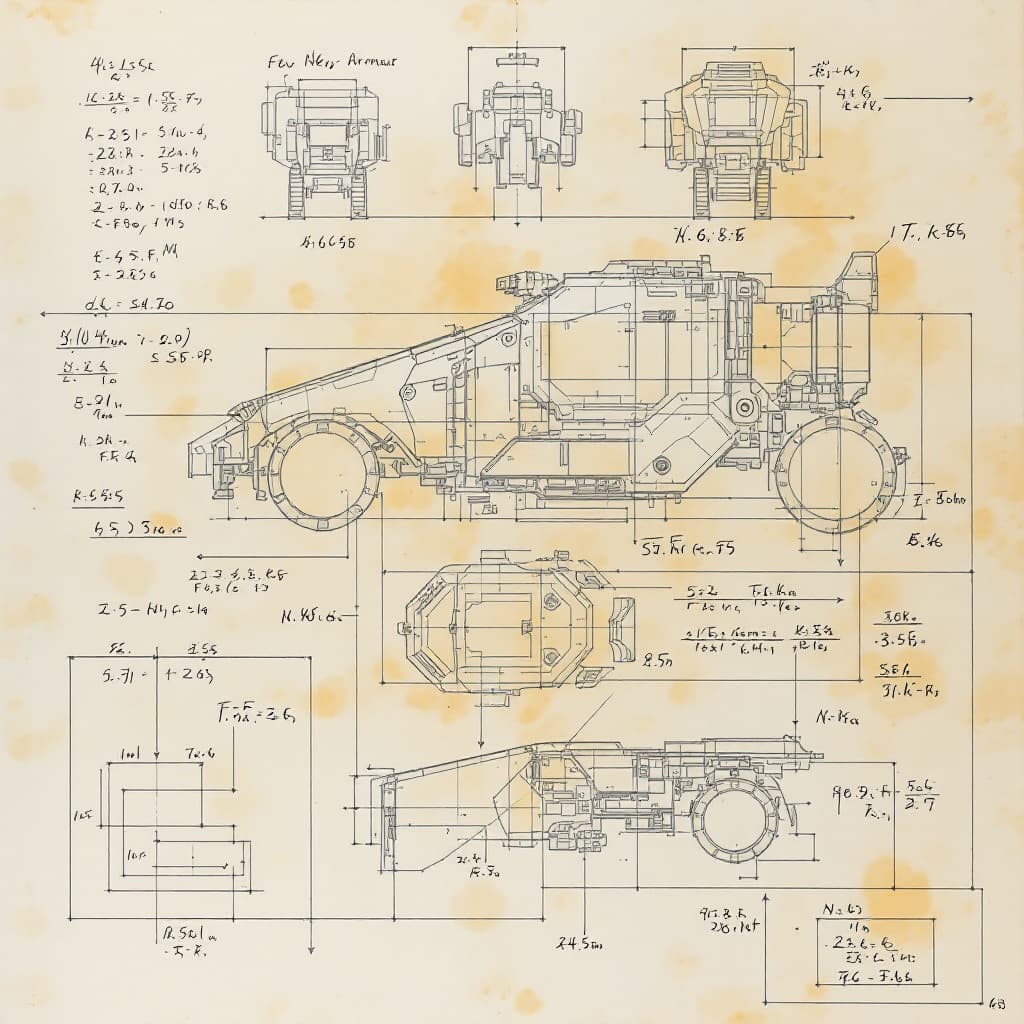 AI generated: sketches blueprint of heavy armour storm chaser pick up truck vehicle, 90s warp engines, formulas an...