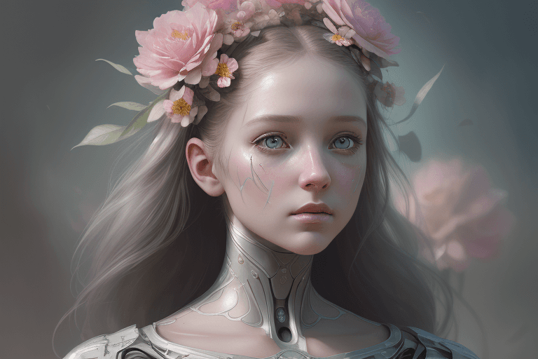 AI generated: concept a dreamlike, hyperrealistic, 8k cyborg flower  girl  | , . digital artwork, illustrative, pa...