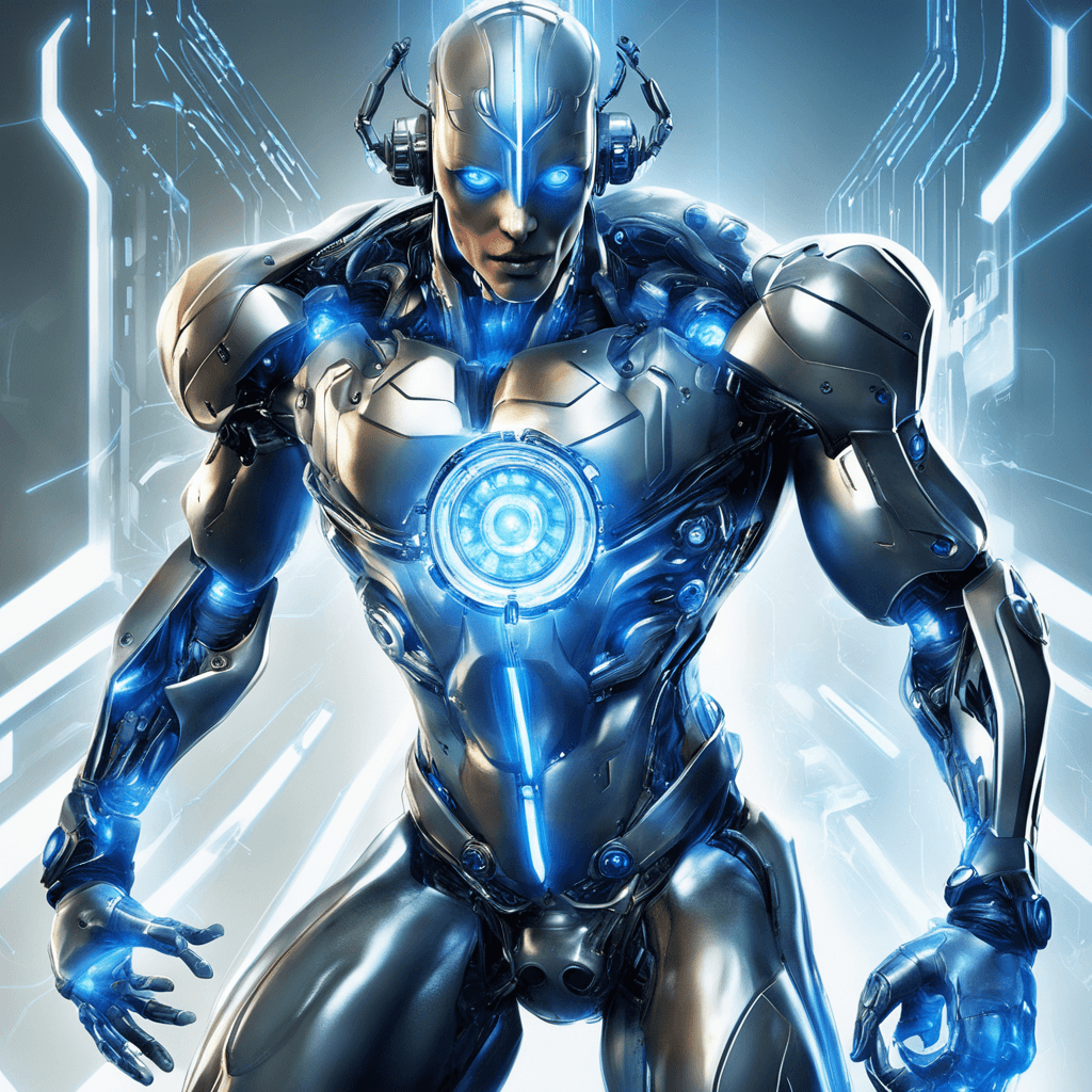 AI generated: Cipher-9 es un cyborg de aspecto vanguardista y futurista. Su mitad superior es orgánica, con una pi...