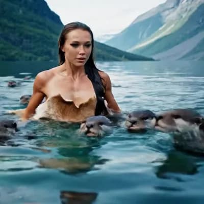AI generated video: Incredibly beautiful Norwegian with blue eyes, long eyelashes, black eyeliner, freckles. Dressed in ...