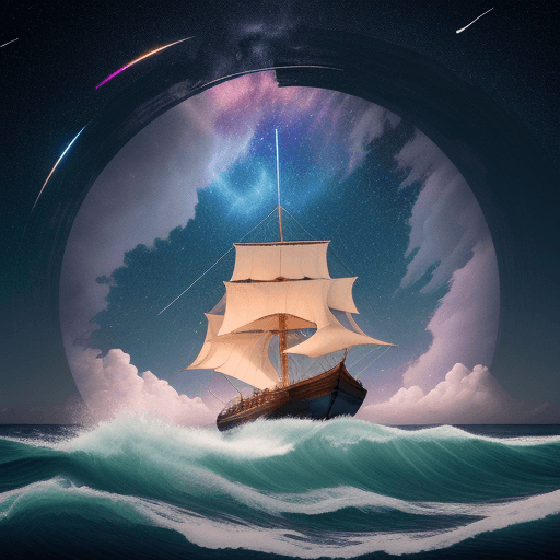 AI generated:  a powerful and mystical boat with white sails advances through the waves under a multicolored sky F...
