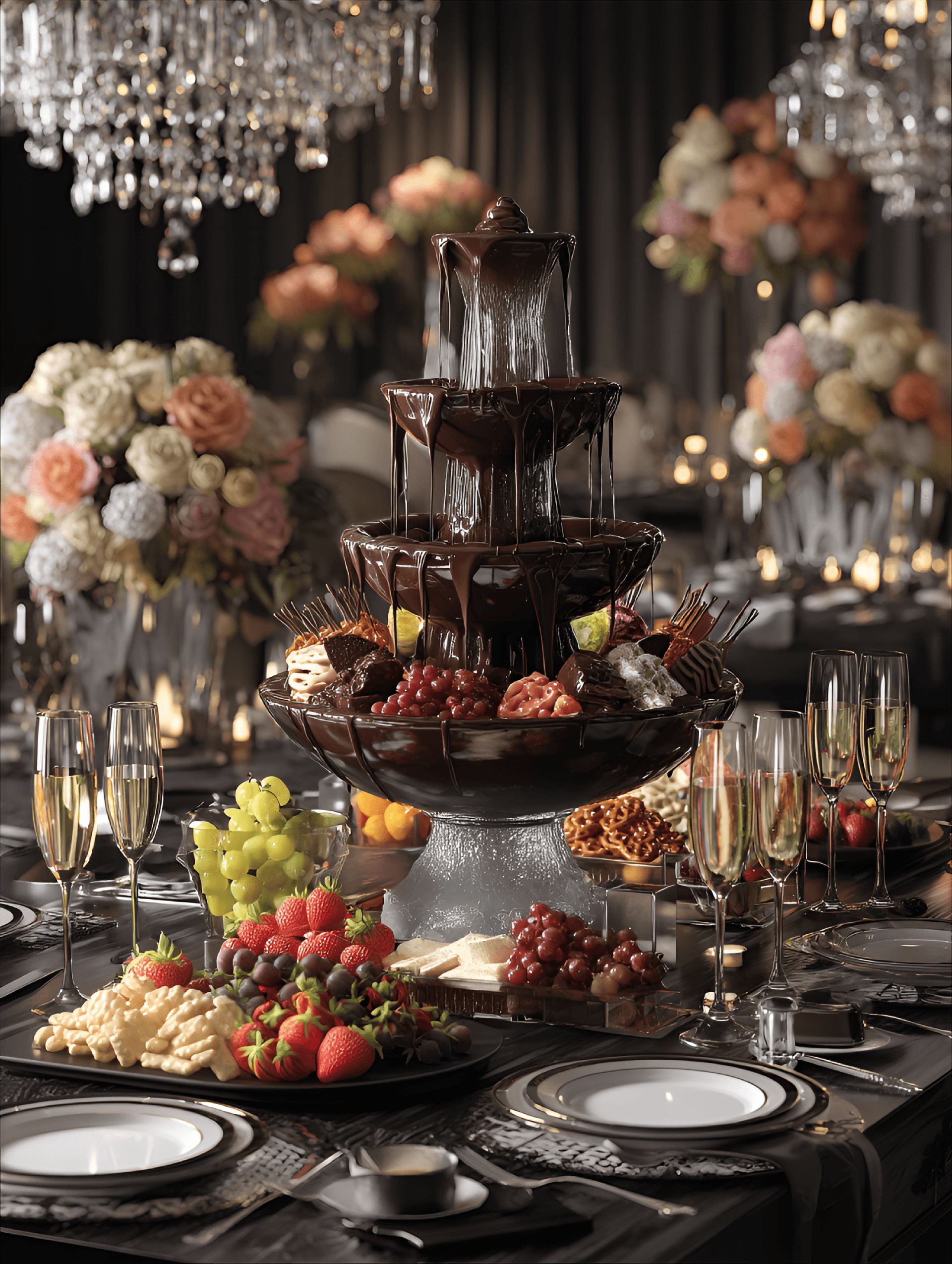 AI generated: An elegant chocolate fountain centerpiece on a grand banquet table, surrounded by trays of fresh fru...