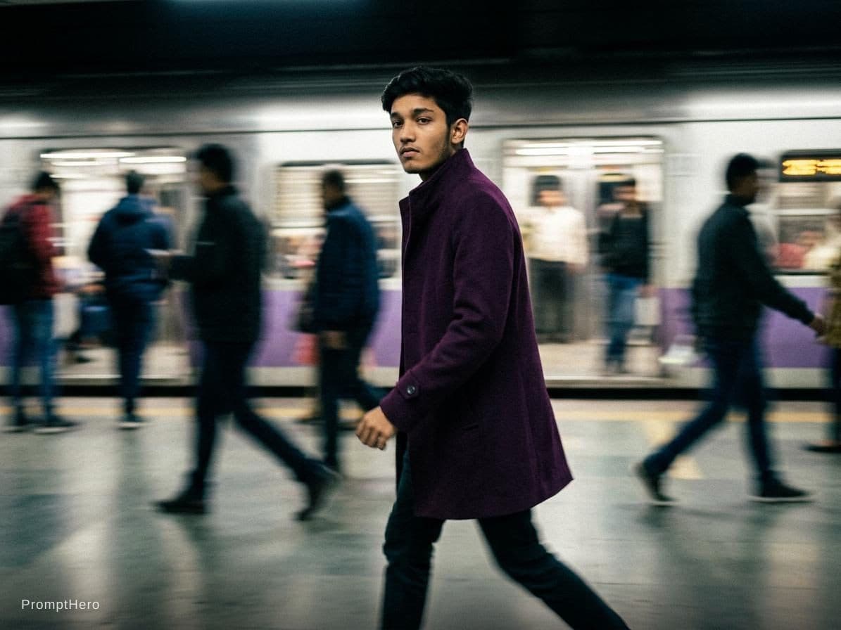 AI generated: fashion editorial photography, motion blur, male model, wearing an wool coat, deep purple color, wal...