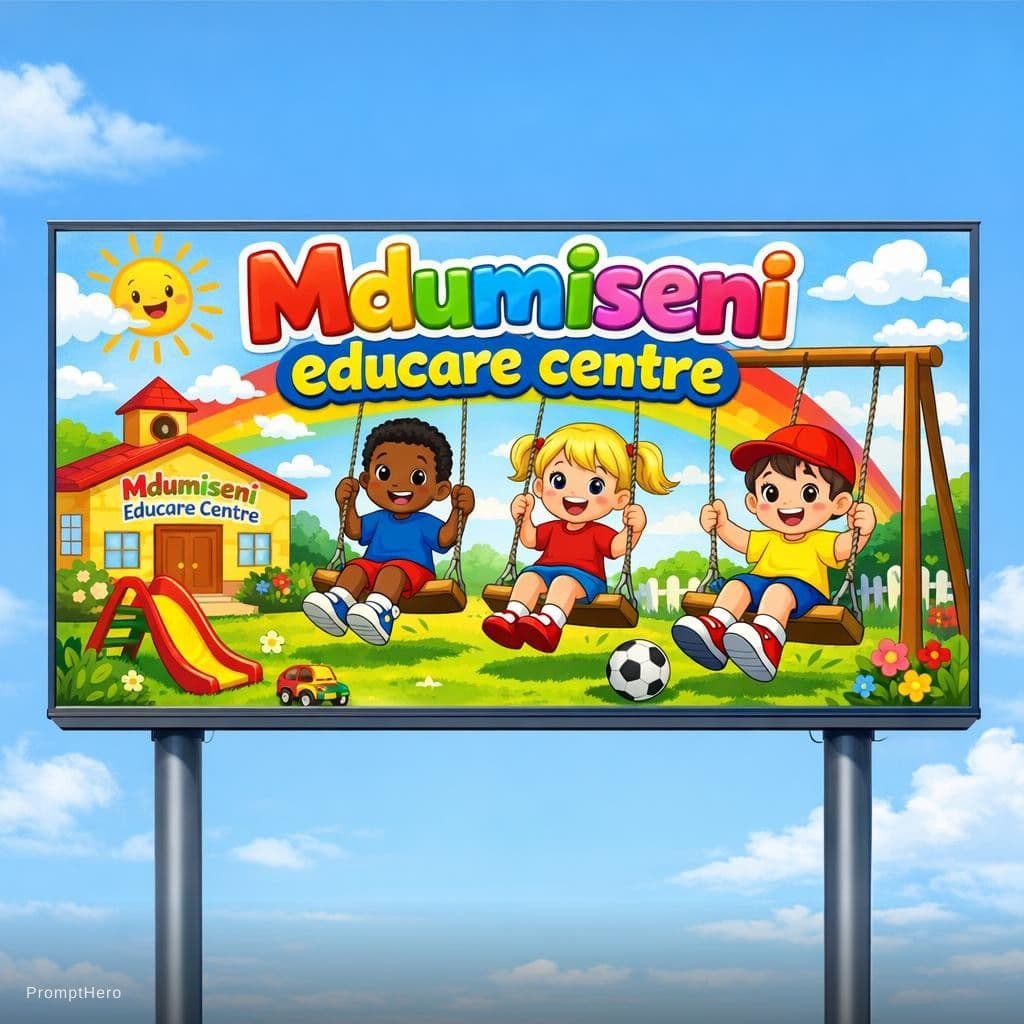 AI generated: Make a bill






board for mdumiseni educare centre with pre school cartoon kids playing on the swi...
