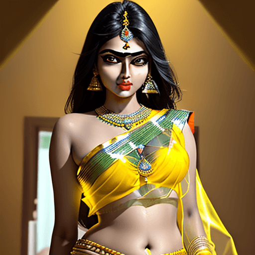 AI generated: Beautiful Indian goddess Durga wearing shiny transparent saree, yellow blouse, black hair, green jui...