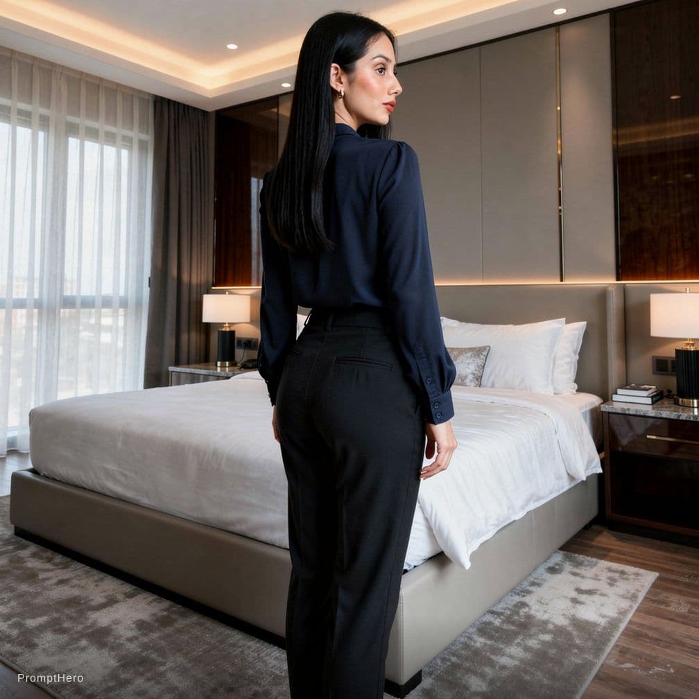 AI generated: 18-year-old Pakistani with medium breasts and a big bubble ass in in bedroom apartment setting luxur...