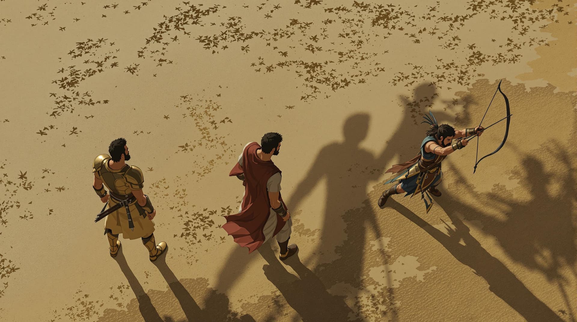 AI generated: 8.	Medium shot of the three training together, their long shadows stretching across the ground. [All...
