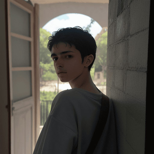 AI generated: chico 16 años dnd, pícaro, mirada vacía ropa oscura, mirando hacia al frente