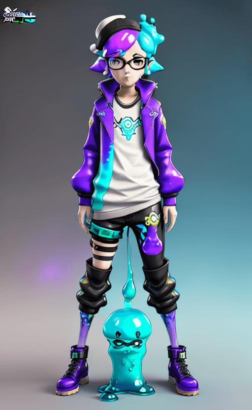 AI generated: splatoon 3 character, 3d model, androgynous adult, idol style, unreal engine 5, cyan slime melt, blu...