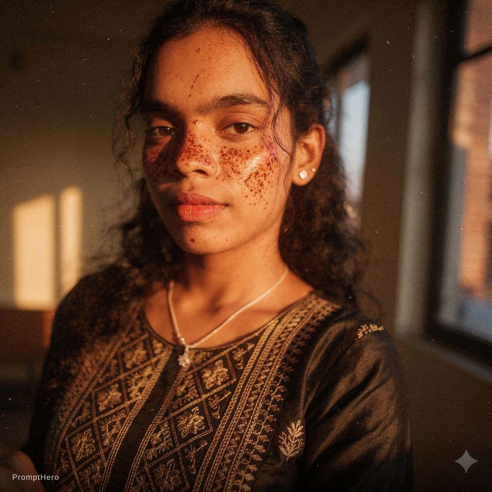 AI generated: A hyperrealistic photo of a woman with a captivating, mesmerizing stare, her freckled skin glowing u...