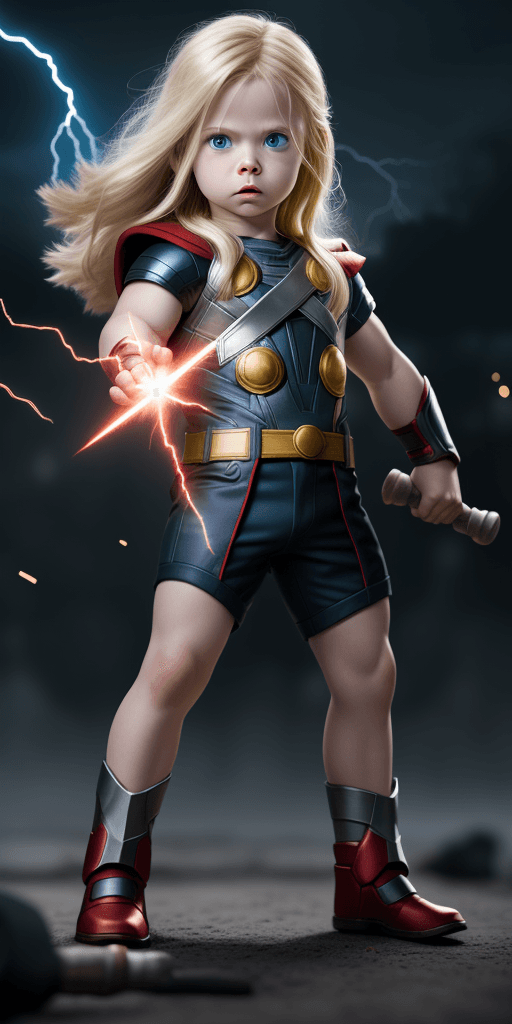 AI generated: Marvel hero baby Thor, lighting hammer in right hand, long blond hair, background blurred lightning,...