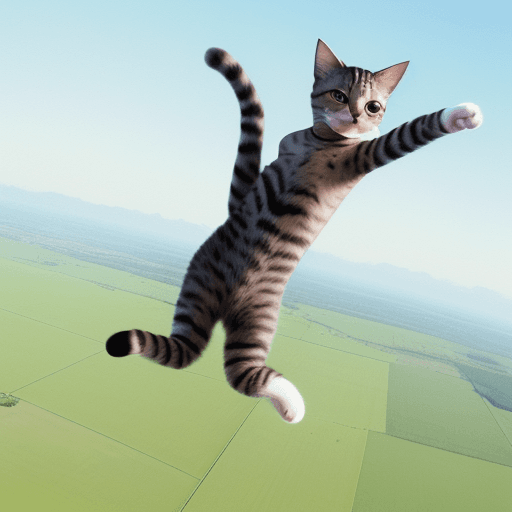 AI generated: A cat, jumping from a plane,to, his owner.