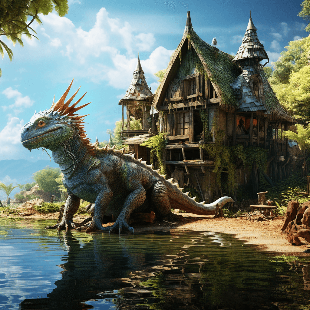 AI generated: giant green lizard in front of a wooden house, crystal clear lagoon, strange vegetation on the shore...