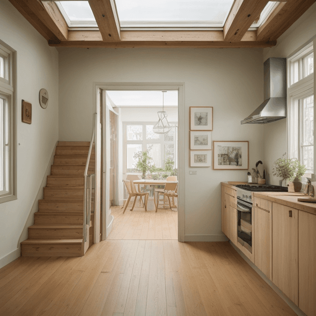 AI generated: High resolution photography kitchen design, wooden floor, small windows opening onto the garden, bau...