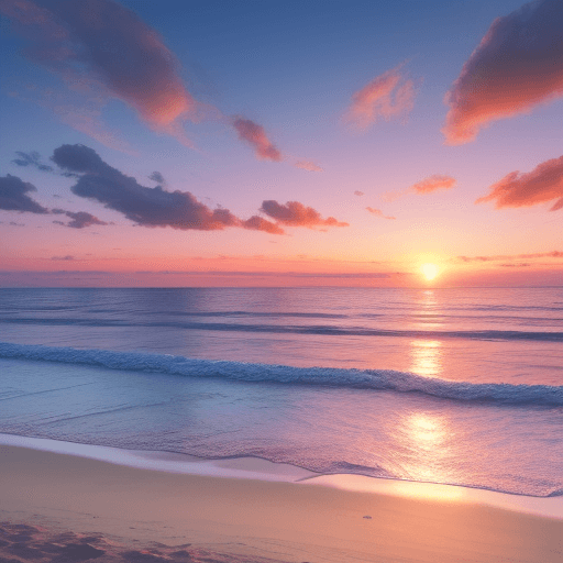 AI generated: A beach sunset view, clear sky, fluffy clouds,4k