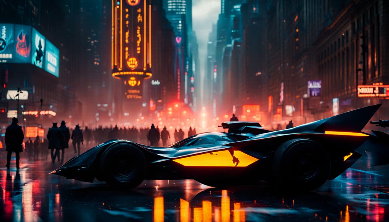 AI generated: cinematic 80mm photo by Christopher Nolan, action scene from Batman movie, action-packed scene from ...