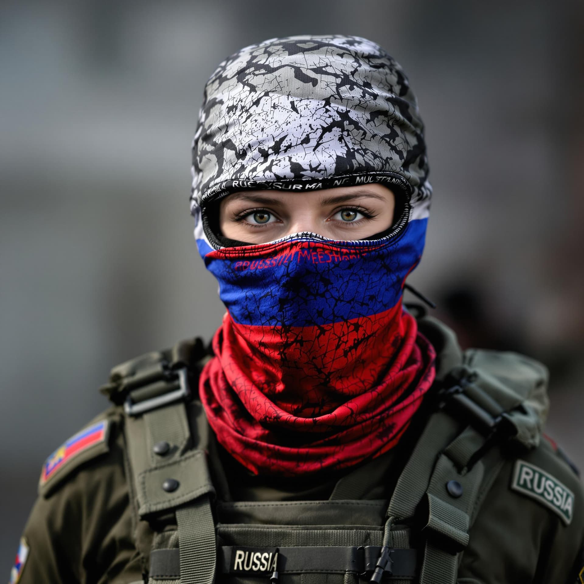 AI generated: Create a striking portrait of a female soldier wearing a tactical mask. The mask is designed with a ...