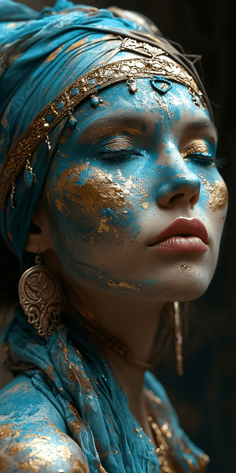 AI generated: beautiful red, blue and gold makeup on a woman, in the style of venetian scenes, hyperrealistic scul...