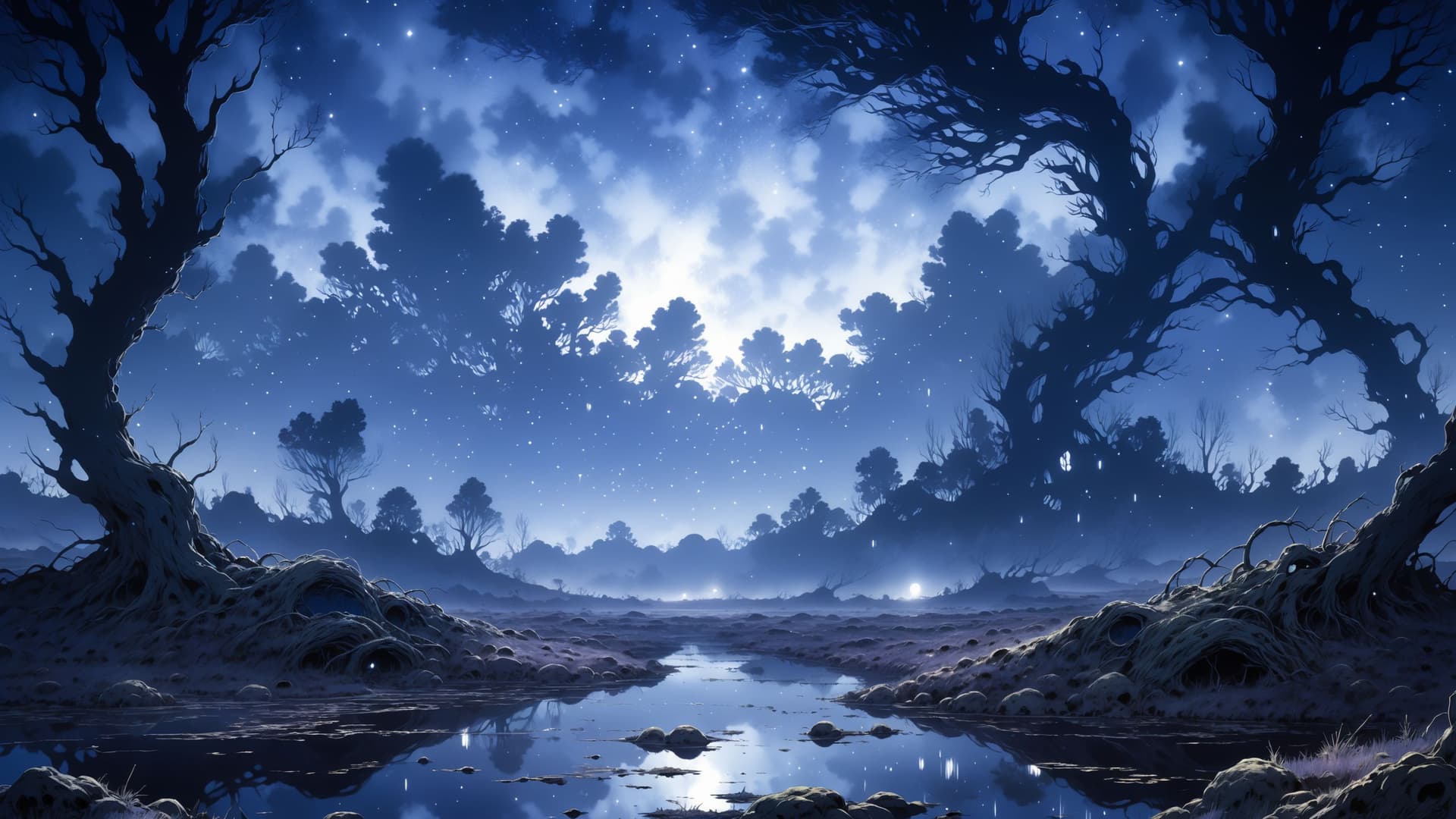 AI generated: by Yasutomo Oka, anime key visual, intricate details, landscape of a Bog from inside of The Shire, i...