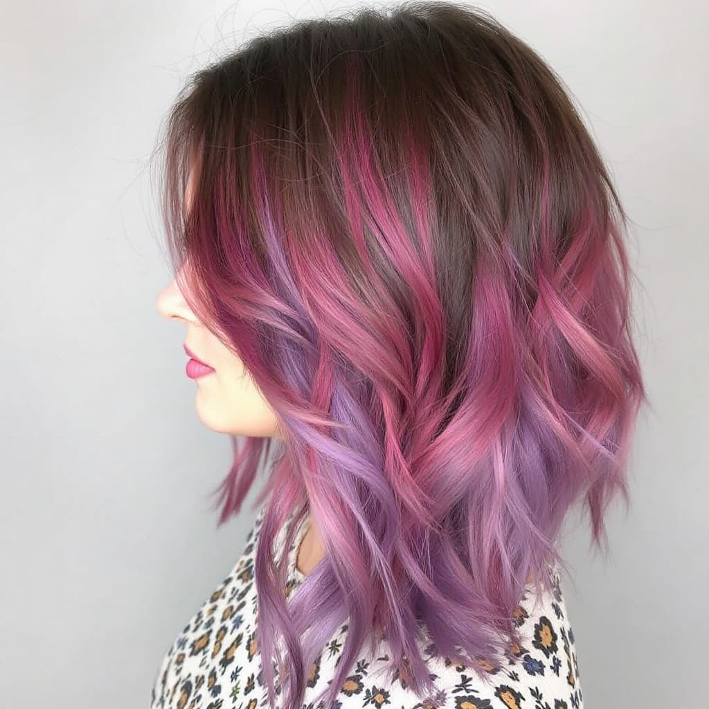 AI generated: Deep magenta raspberry to Lavender balayage women hair brown to bright pastel