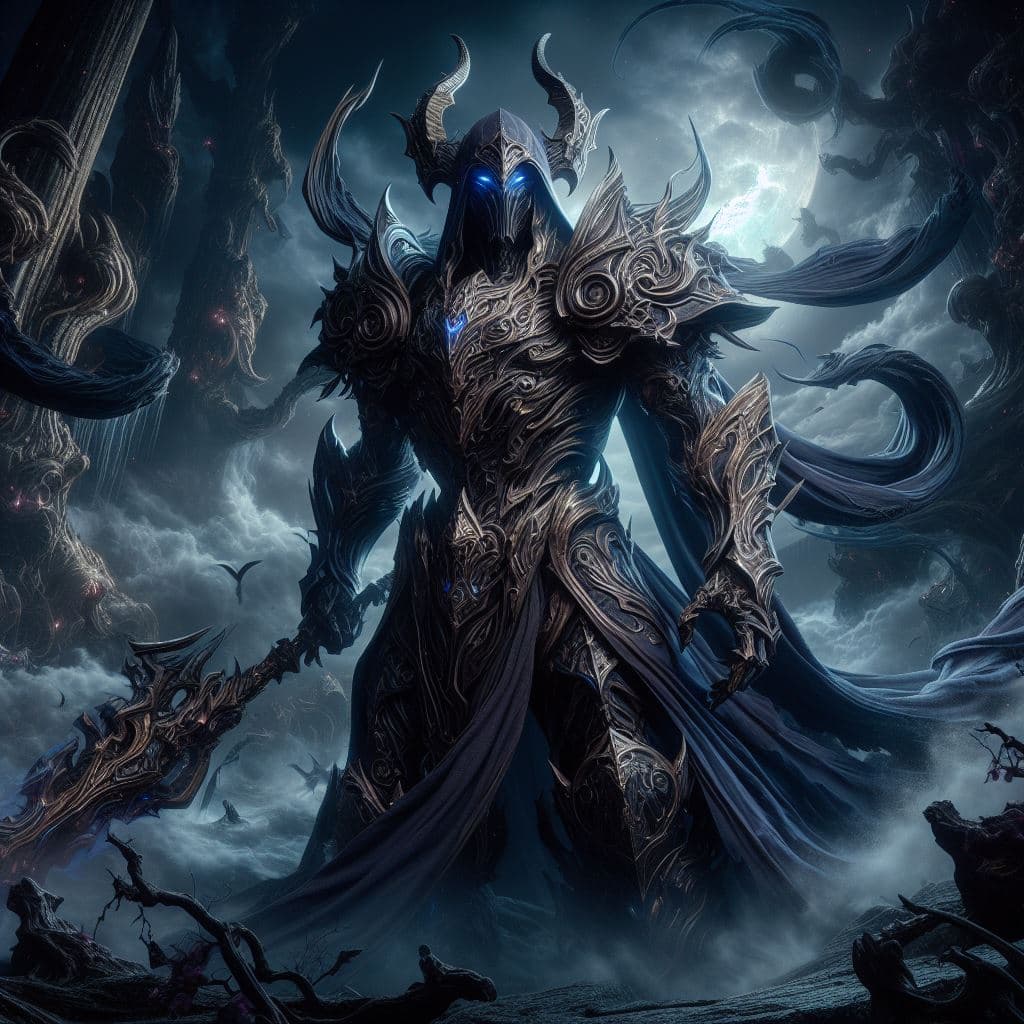 AI generated: Capture Nightbringer Jarvan IV in a hyper-realistic photograph set amidst a dark and otherworldly la...
